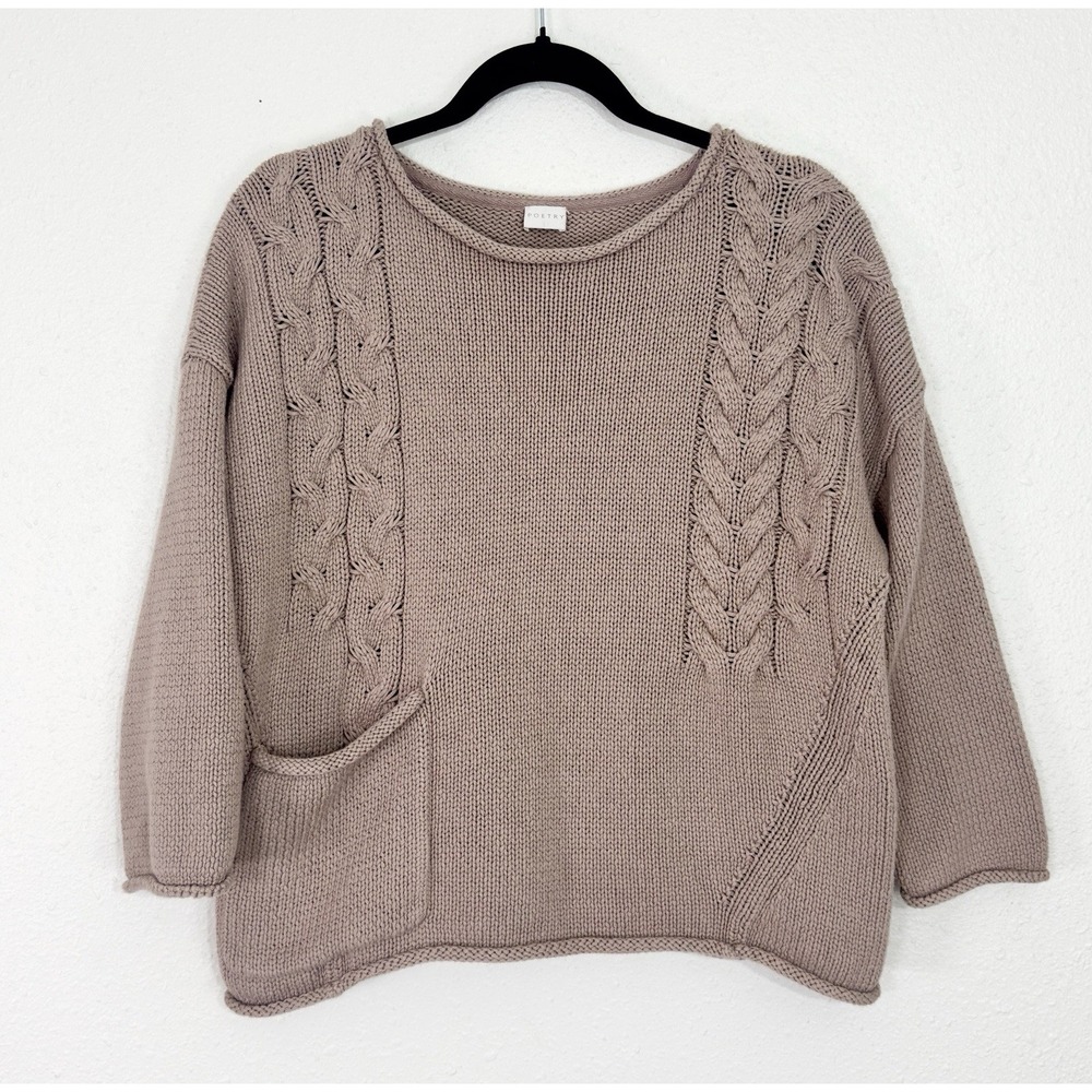 Poetry Women's Dusty Mauve Cotton Knitted Relaxed Cable Knit Cropped Size 8